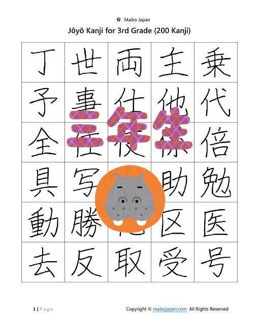 Jōyō Kanji List for 3rd Grade in PDF (Large Kanji)